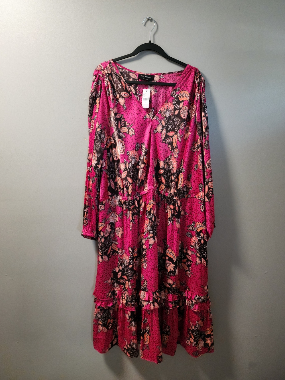 Lane Bryant Pink Floral V-Neck Tiered Dress